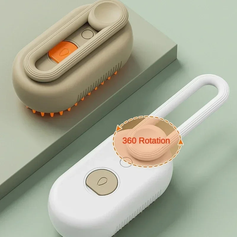 Two handheld pet grooming brushes with 360-degree rotating handles, one in beige and one in white.