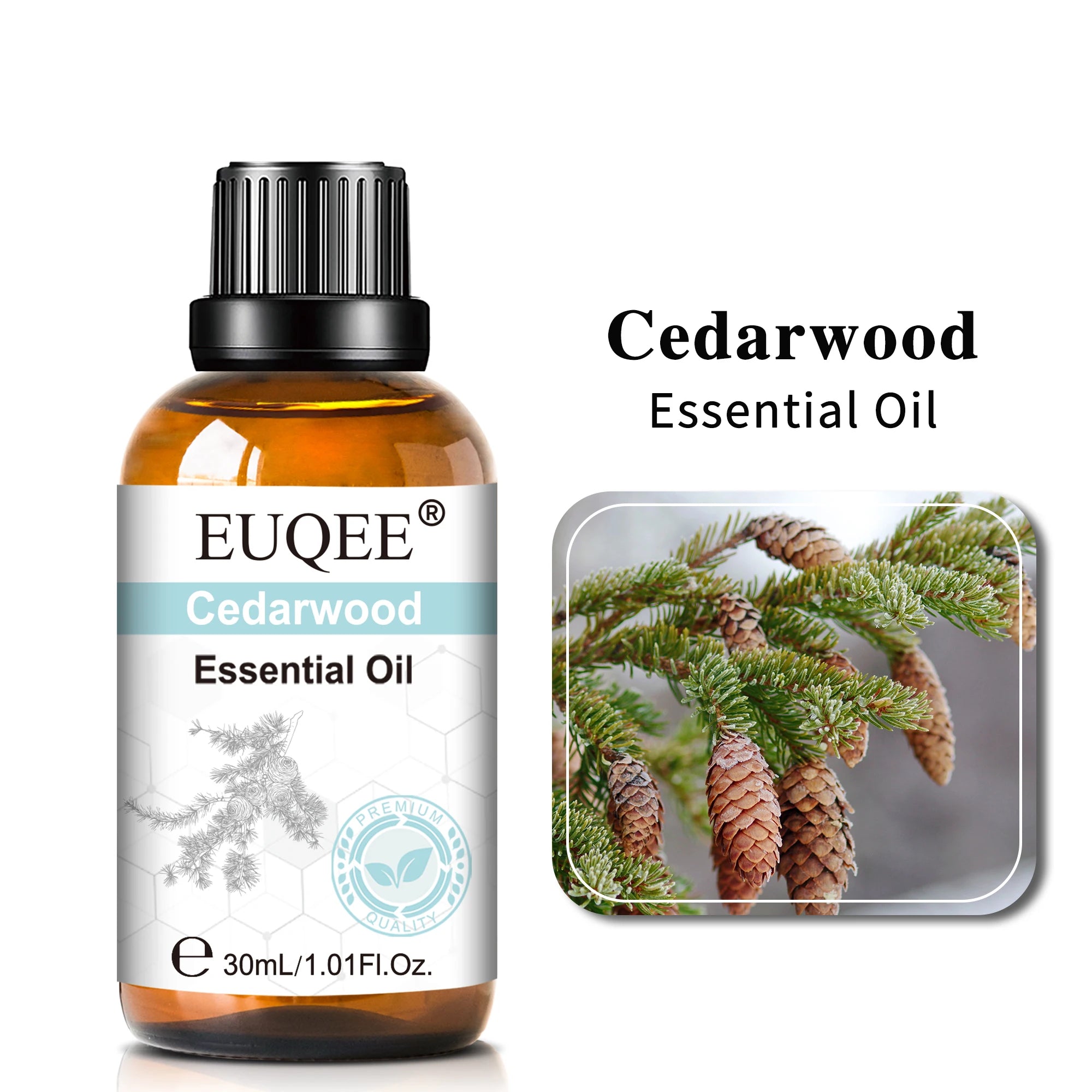 30ml amber glass bottle of cedarwood essential oil with a black dropper cap and a label featuring pinecone imagery.