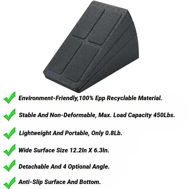 Black, stackable EPP foam slant board for stretching and calf exercises with an anti-slip surface.
