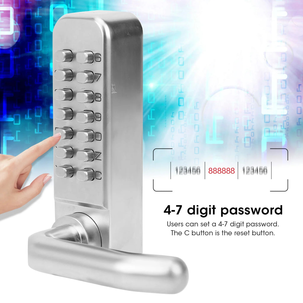 Silver metal mechanical push-button door lock with numeric keypad and lever handle, showing a user pressing a button.