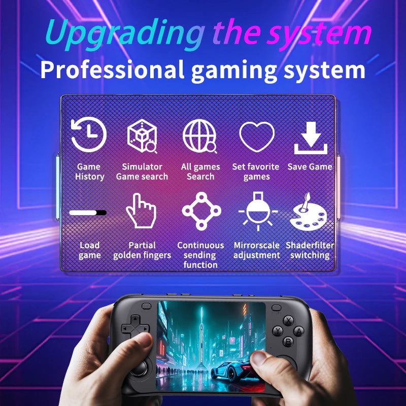 Black H36S handheld retro gaming console with an IPS HD display showing a game scene, held with both hands.
