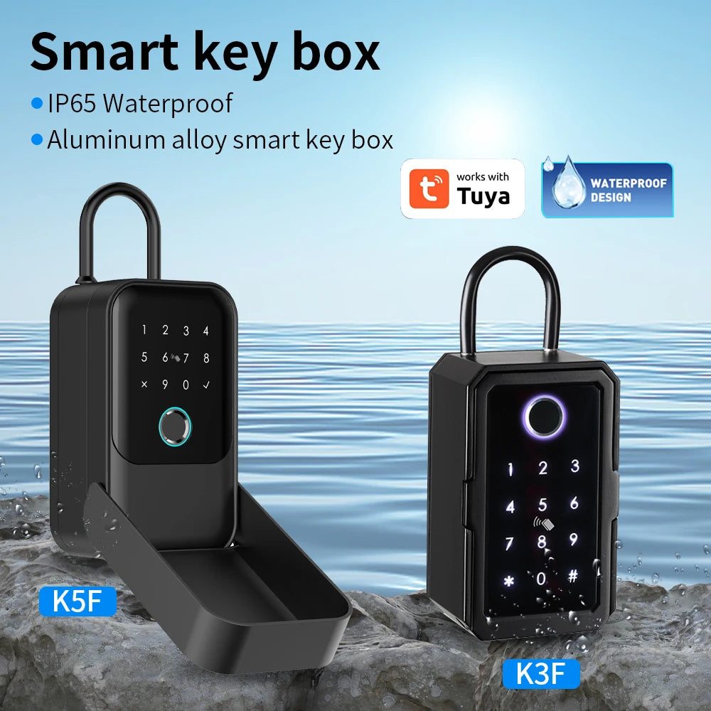 Black aluminum alloy smart key boxes with digital keypads, fingerprint scanners, and IP65 waterproof rating.