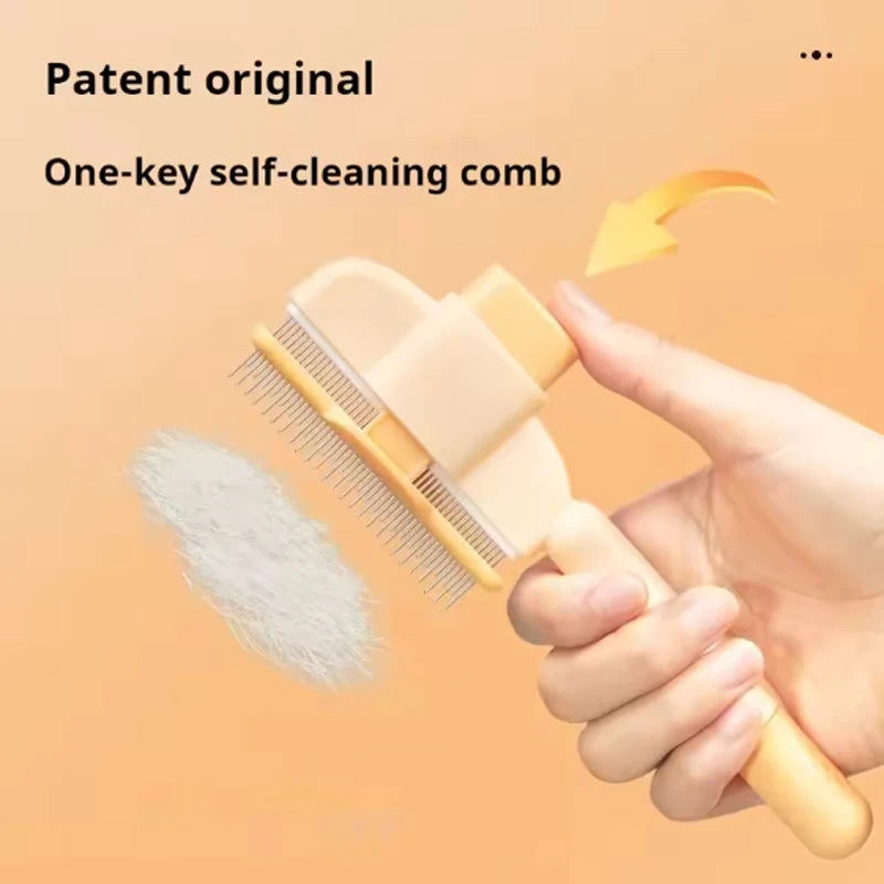 Cream-coloured, one-key self-cleaning pet grooming comb with wire bristles and an ergonomic handle.