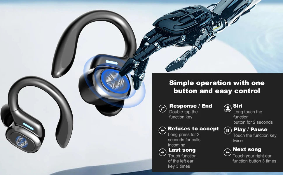 Black wireless ear hooks with touch controls, shown with a robotic hand and instructional text overlay.