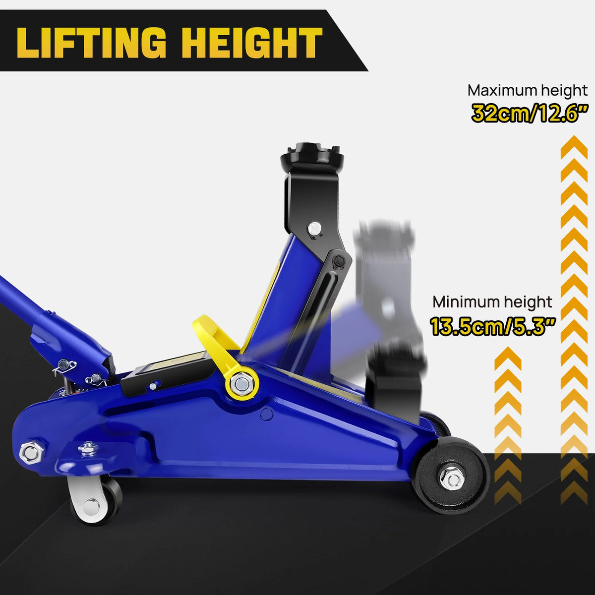 Blue steel trolley floor jack with black lift arm, wheels, and yellow handle showing lifting height from 13.5cm to 32cm.