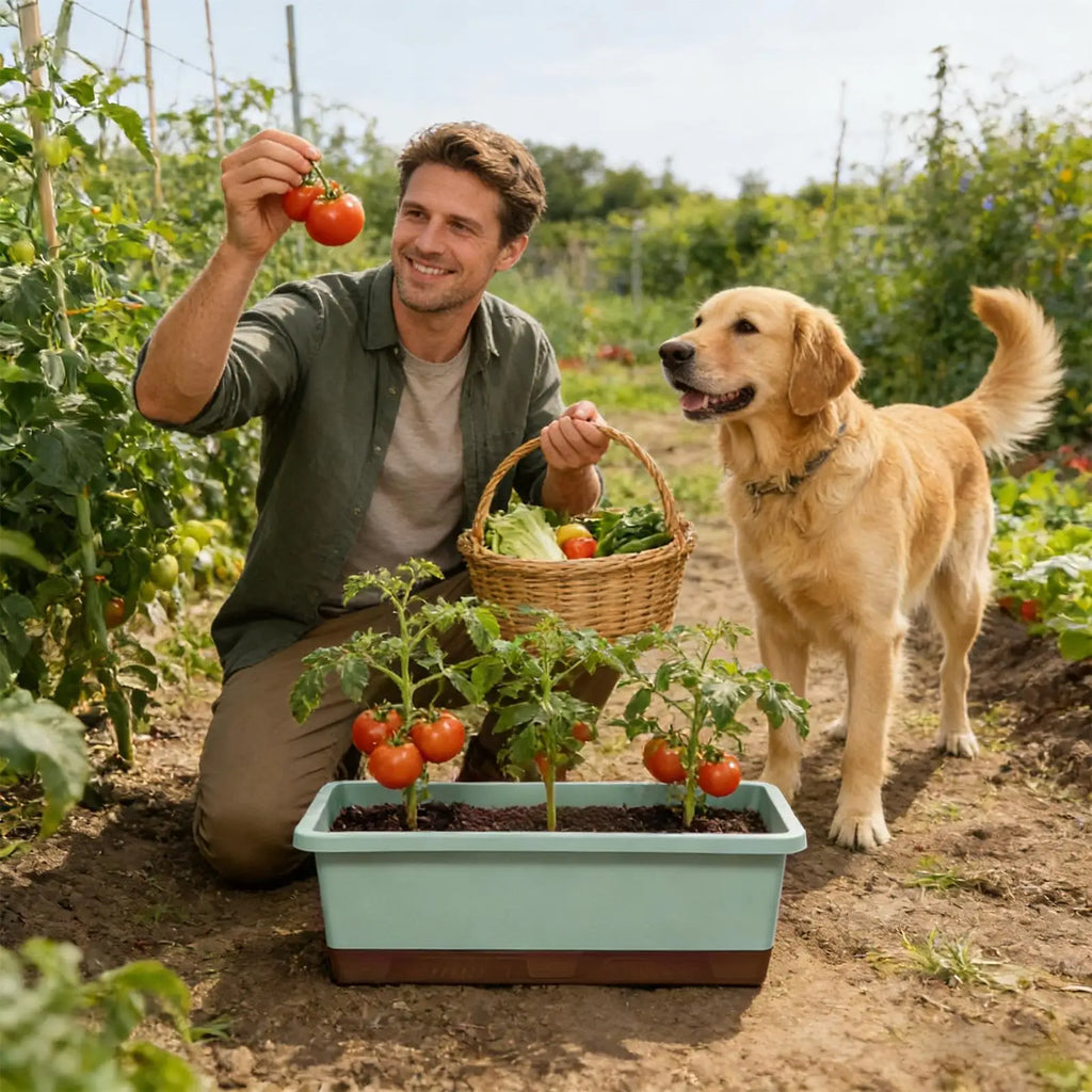 A man and his dog in a garden with a sage-green self-watering rectangular planter holding three tomato plants.