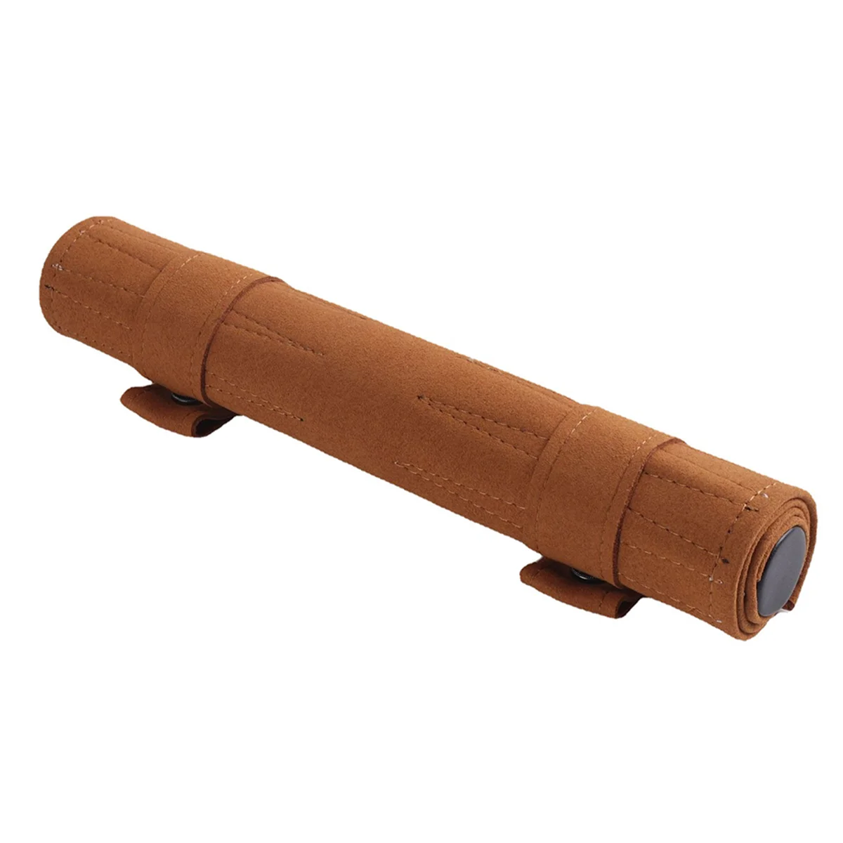 Brown portable backgammon set rolled up into a cylinder shape with secure fastening straps.