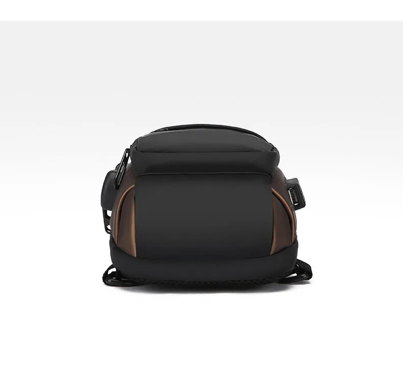Black and bronze anti-theft crossbody sling bag with a side-mounted USB charging port.