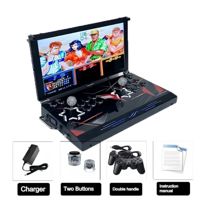 Black two-player arcade game console with large screen, dual joysticks, action buttons, and accessories.