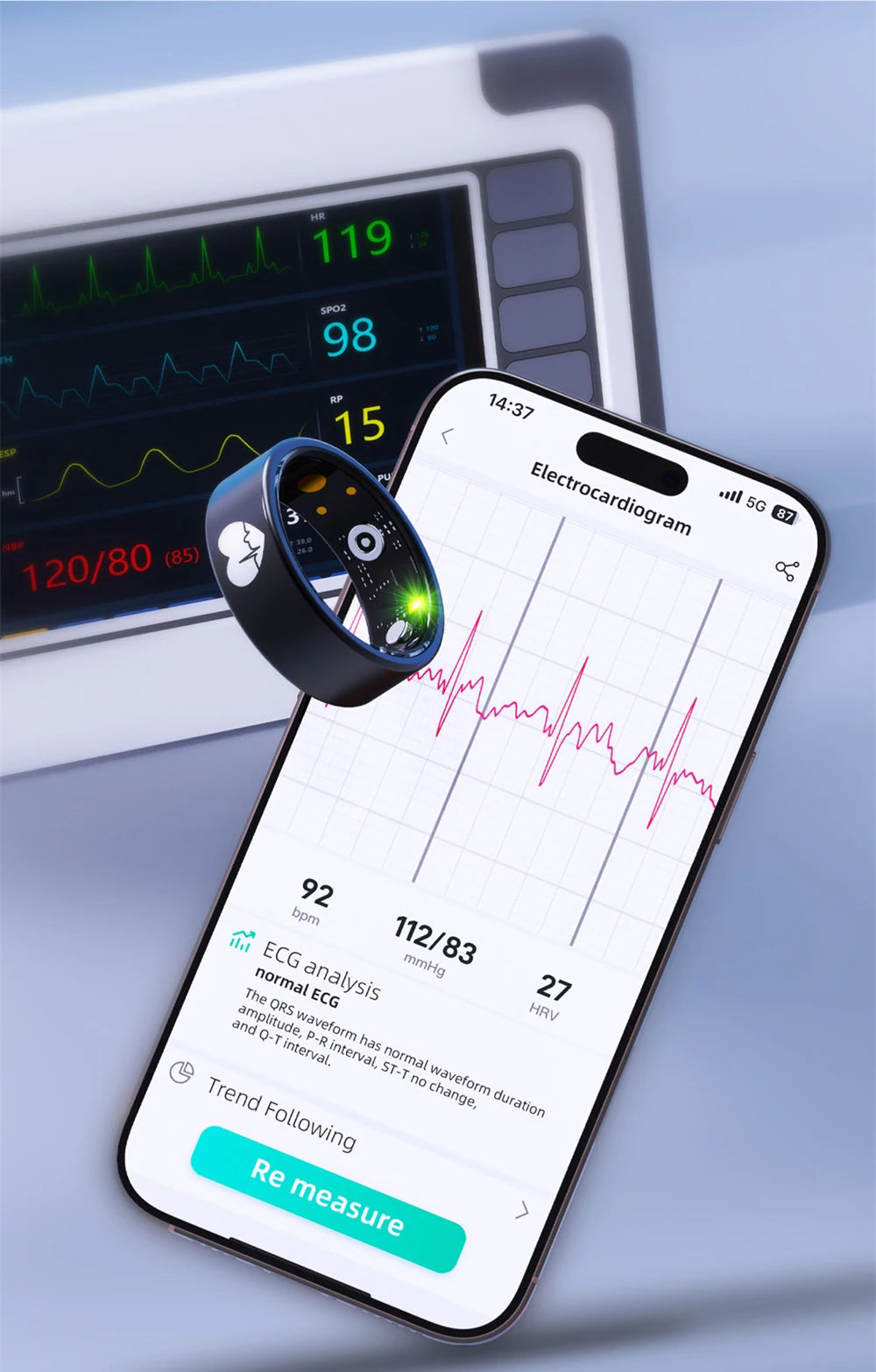 Sleek black smart health ring floating above a smartphone displaying heart rate and ECG tracking data.