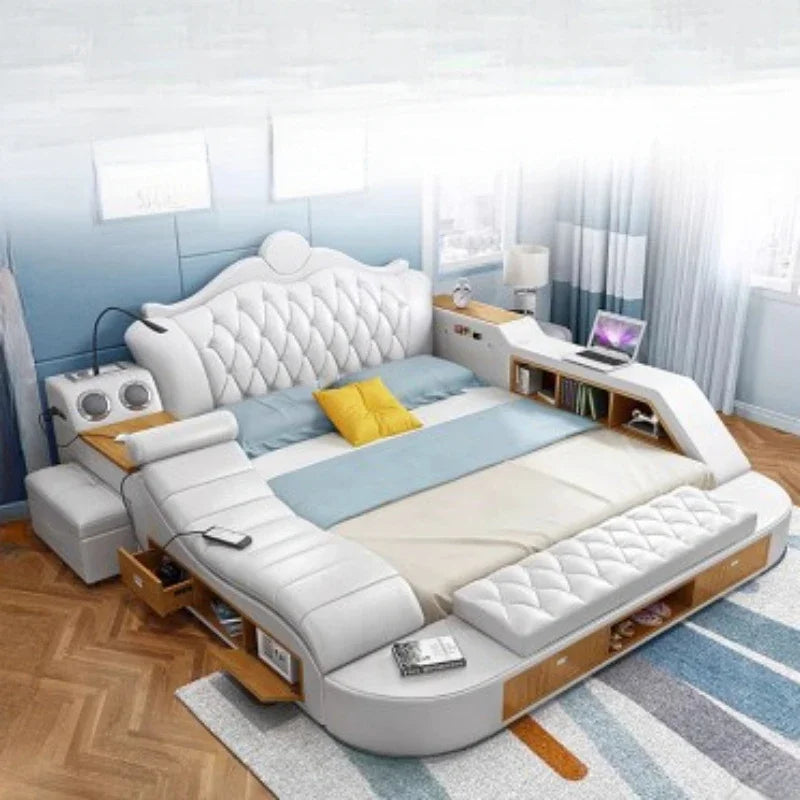 Modern white double bed with tufted headboard, integrated storage drawers, shelving, and built-in speakers.