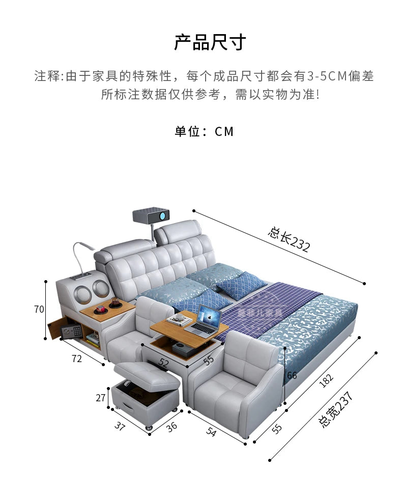 Modern grey double bed with padded headboard, integrated storage, side seating, small desk and shelving unit.