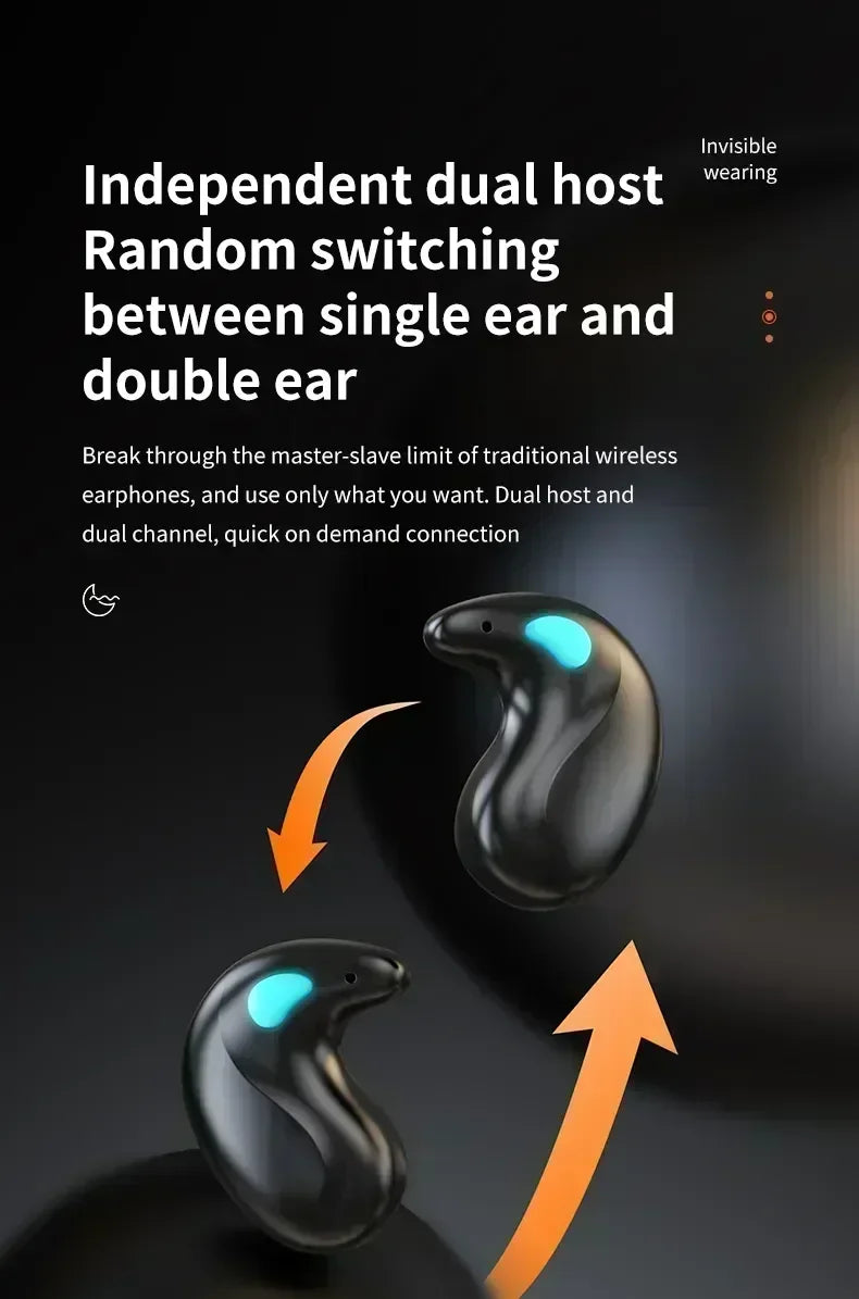 Two sleek, black, bean-shaped wireless earbuds with small blue accents on a dark background.