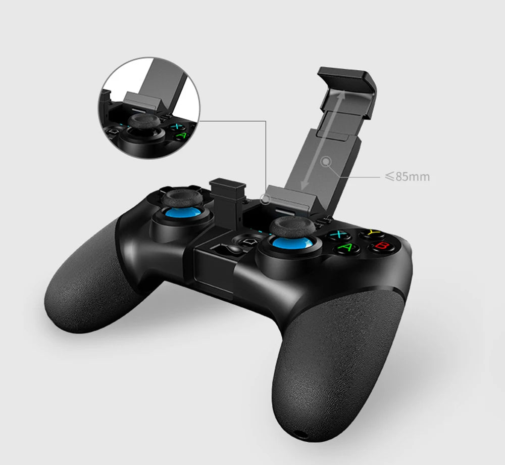 Black wireless game controller with blue joysticks and an adjustable phone mount for smartphones.