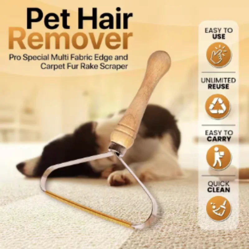 Pet hair remover tool with a wooden handle and triangular metal scraper blade, against a dog and carpet background.