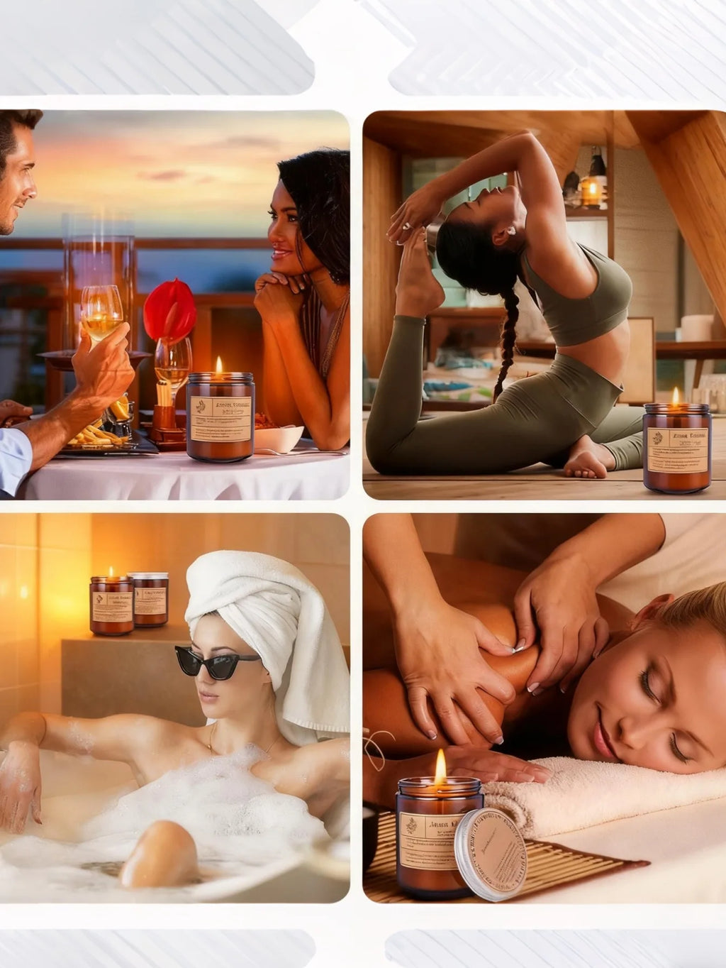 Amber glass scented candle in lifestyle settings, including bath, massage, yoga, and romantic dinner scenes.
