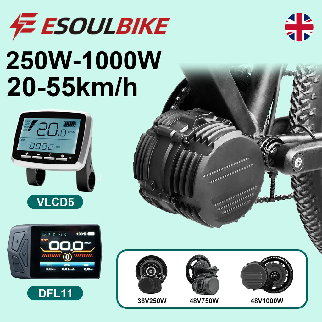 Black e-bike mid-drive motor kit with VLCD5 and DFL11 displays mounted on a bicycle frame.