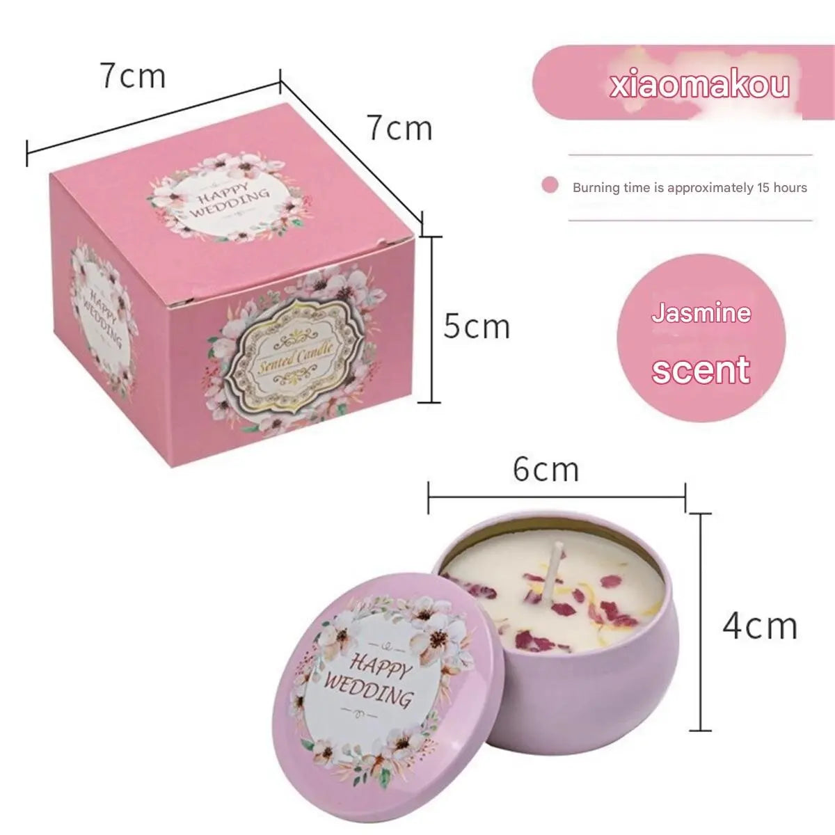 Pink jasmine-scented wedding candle in a decorative tin with a matching floral gift box, 15-hour burn time.
