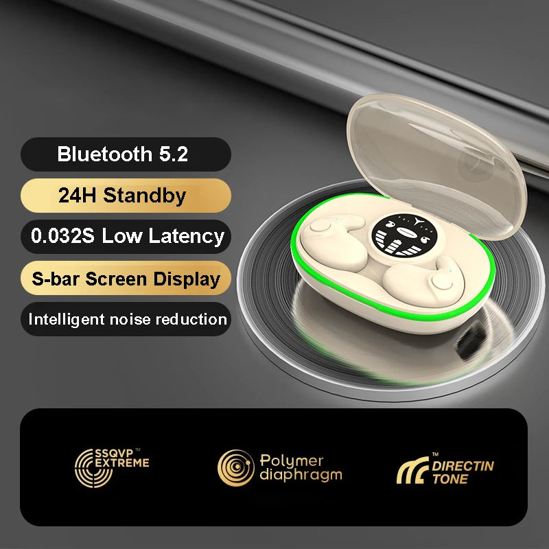 Cream-colored wireless earbuds in a charging case with a digital display screen and green LED rim.