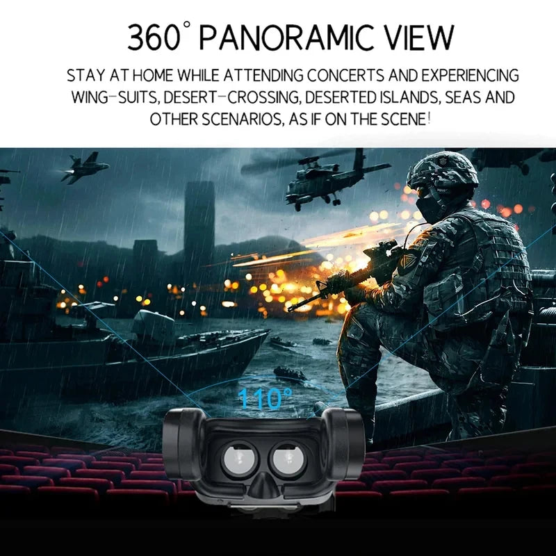 Black VR headset shown against a panoramic display of a soldier in a battlefield scene.
