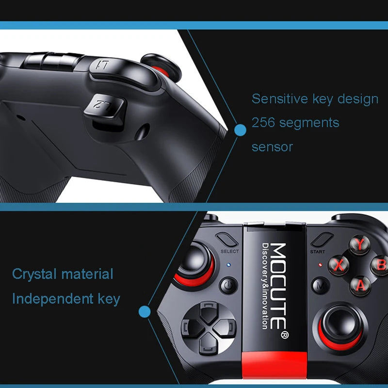 Black smartphone gaming controller with red accents, sensitive buttons, and responsive joysticks.