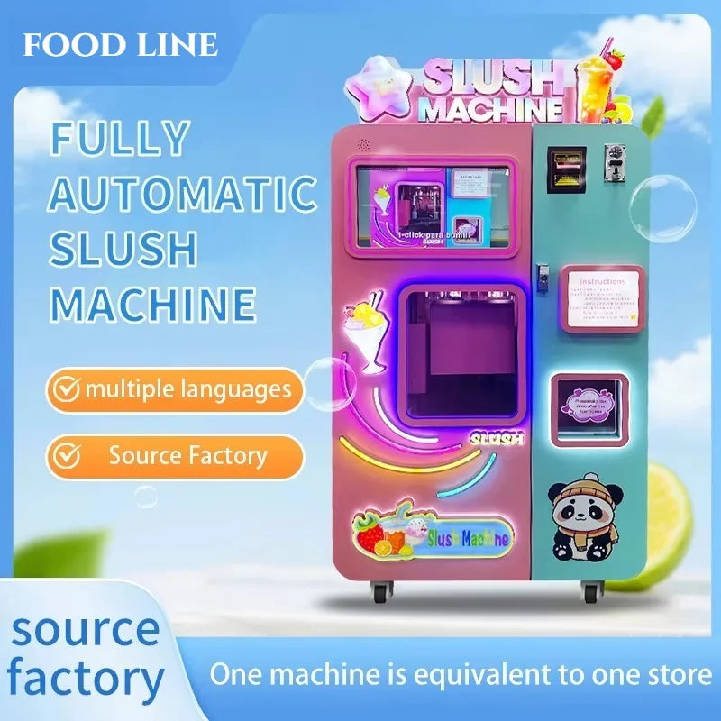 Pink and teal automatic slush vending machine with touchscreen, dispensing area, and cute panda sticker.