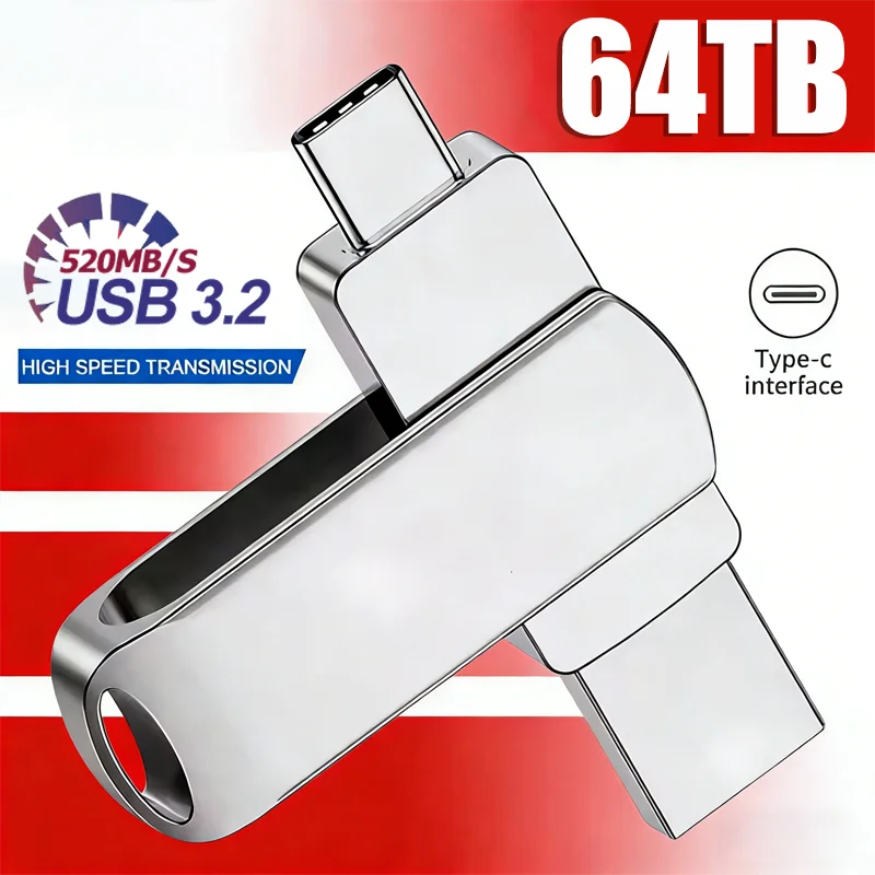 Silver, sleek 2-in-1 metal USB 3.2 flash drive with USB-C and standard connectors for high-speed file transfers.
