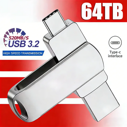 Silver, sleek 2-in-1 metal USB 3.2 flash drive with USB-C and standard connectors for high-speed file transfers.