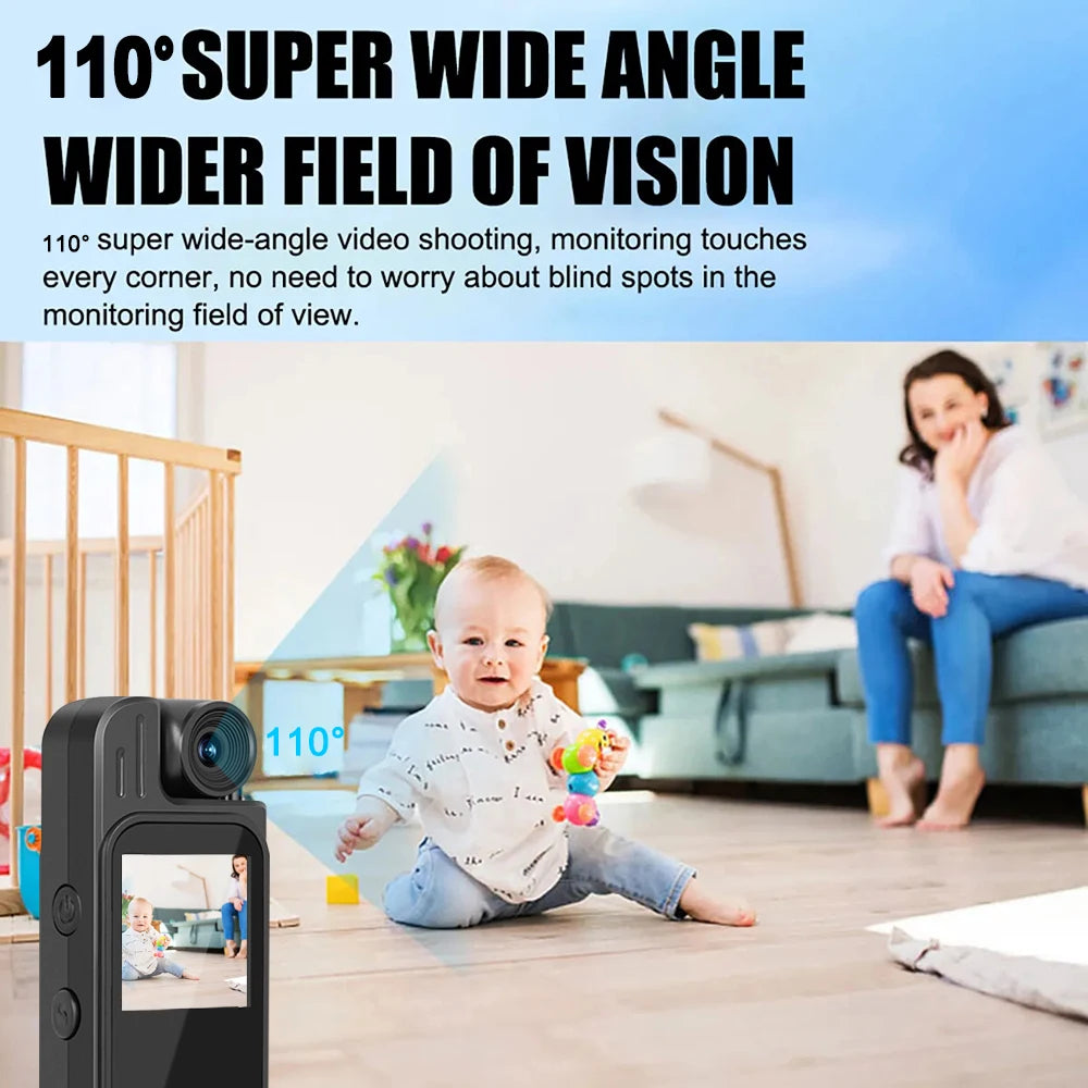 Black plastic mini security camera with a built-in screen and a 110-degree wide-angle lens.