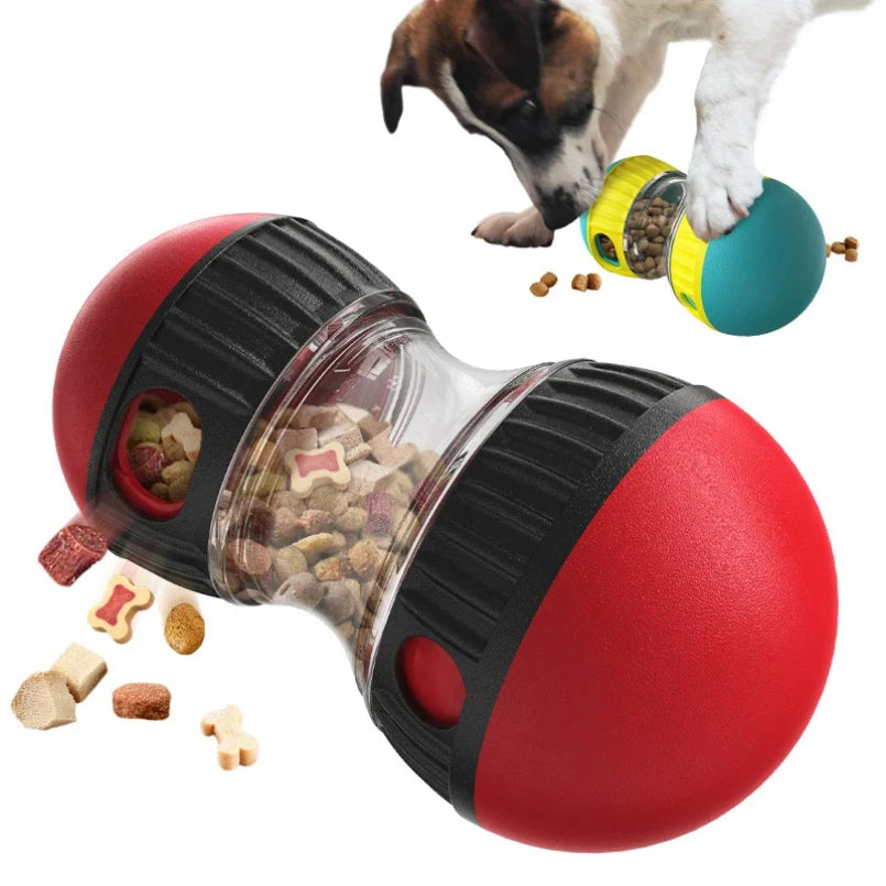 Red and black interactive treat-dispensing slow feeder toy, shown with dog treats falling out.