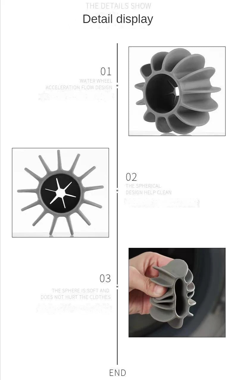 Grey silicone laundry ball with a spiky, flexible wheel design to help clean clothes in the washing machine.