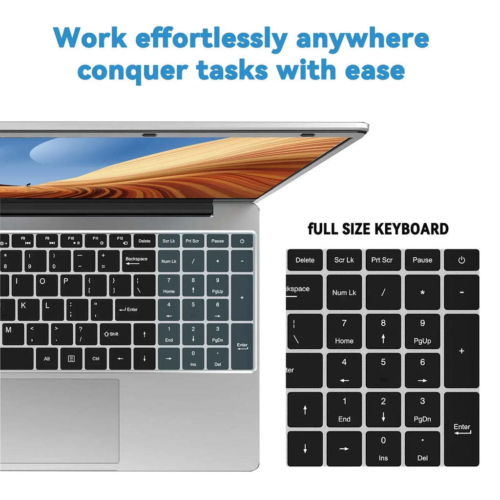 Silver 15.6-inch laptop with a spacious, black full-size keyboard featuring a dedicated numeric keypad.