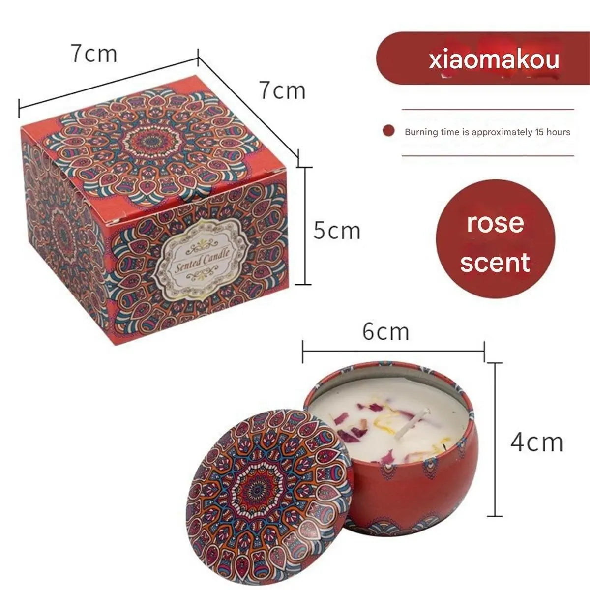 Rose-scented candle in a decorative red tin with a floral mandala pattern, 15-hour burn time, includes gift box.