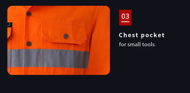 Close-up of an orange high-visibility work shirt featuring a buttoned chest pocket and horizontal reflective tape.