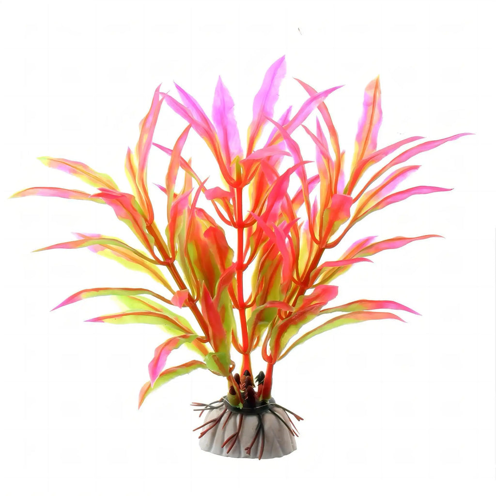 Artificial aquarium plant with long, pointed leaves in vibrant shades of pink, yellow, and green, fixed to a grey base.