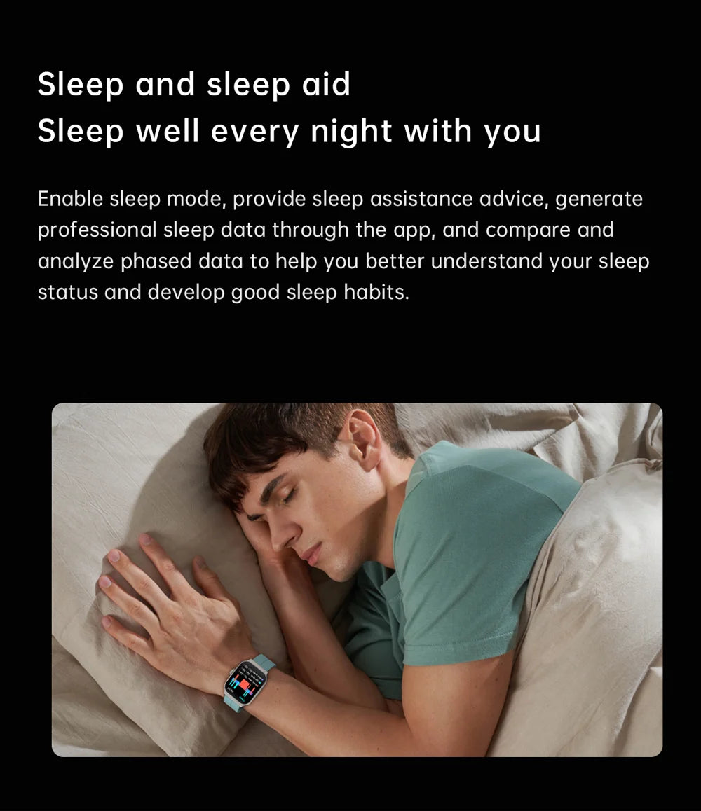 A man sleeping wearing a mint-green smartwatch with a large, curved colour touchscreen displaying health data.