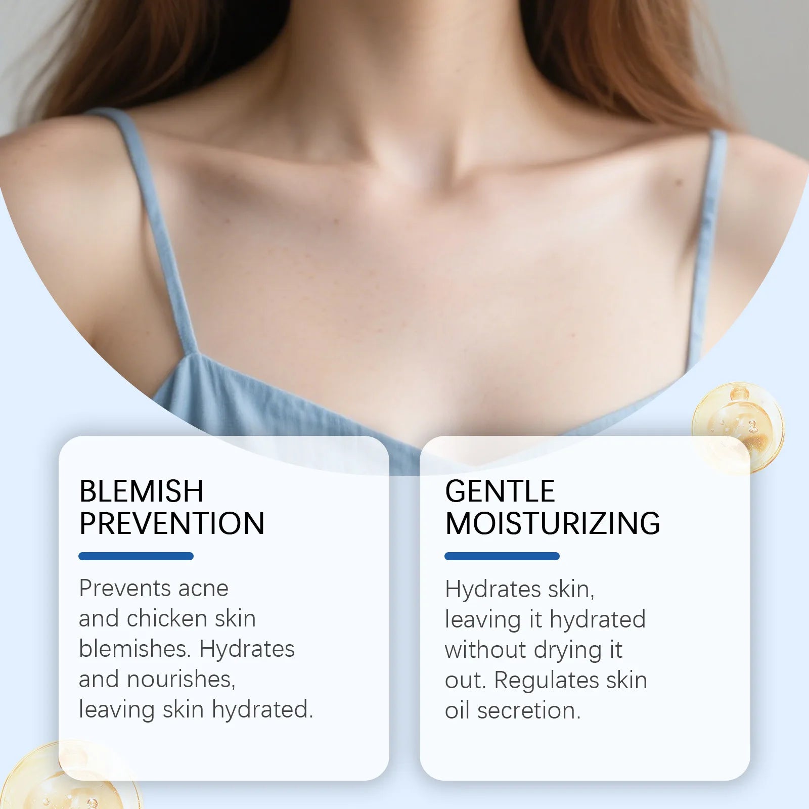Skincare infographic featuring a woman in a blue top, highlighting blemish prevention and gentle moisturizing benefits.