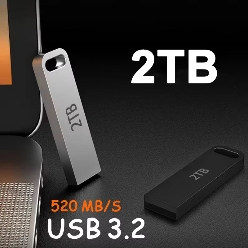 Sleek silver and black 2TB USB 3.2 flash drives with a slim, modern metal design, showing 520MB/s high-speed performance.