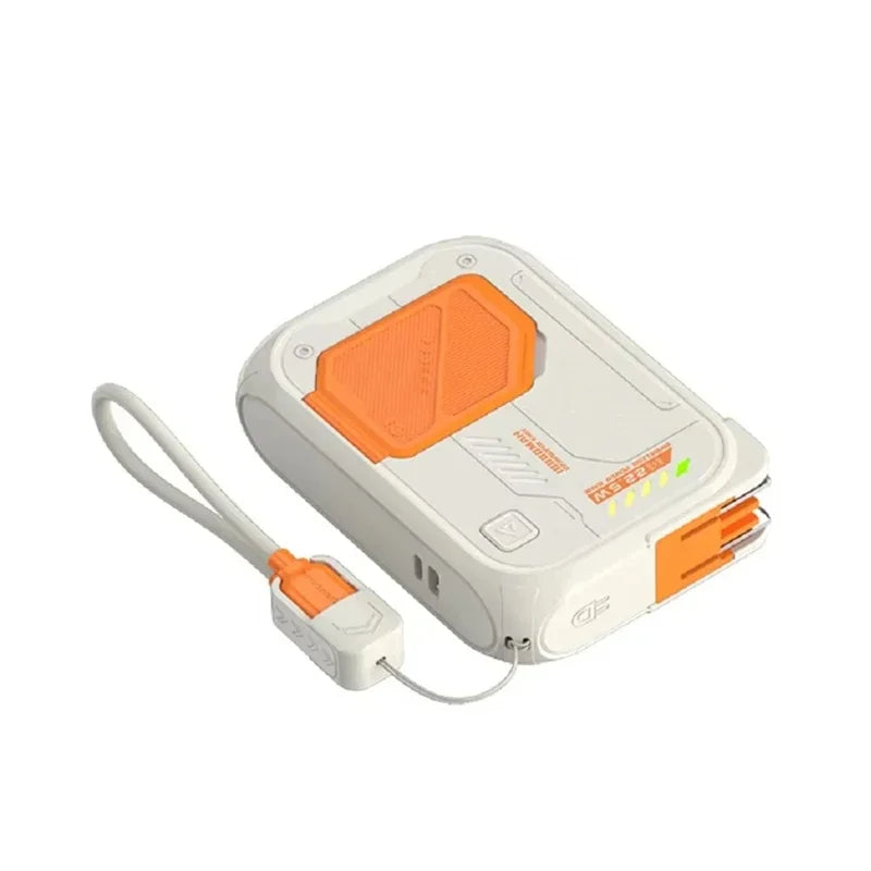 White and orange 10,000mAh magnetic power bank with an integrated fold-out phone stand and a matching carry strap.