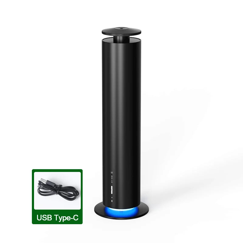 Sleek black cylindrical essential oil diffuser with a glowing blue base and included USB Type-C charging cable.