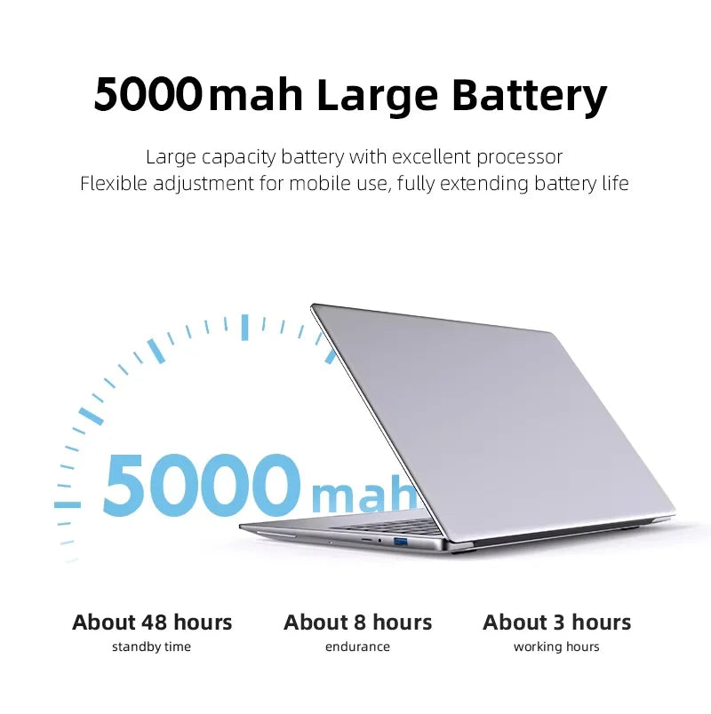 Silver 14.1-inch slim laptop with a 5000mAh battery, showing standby and endurance performance statistics.