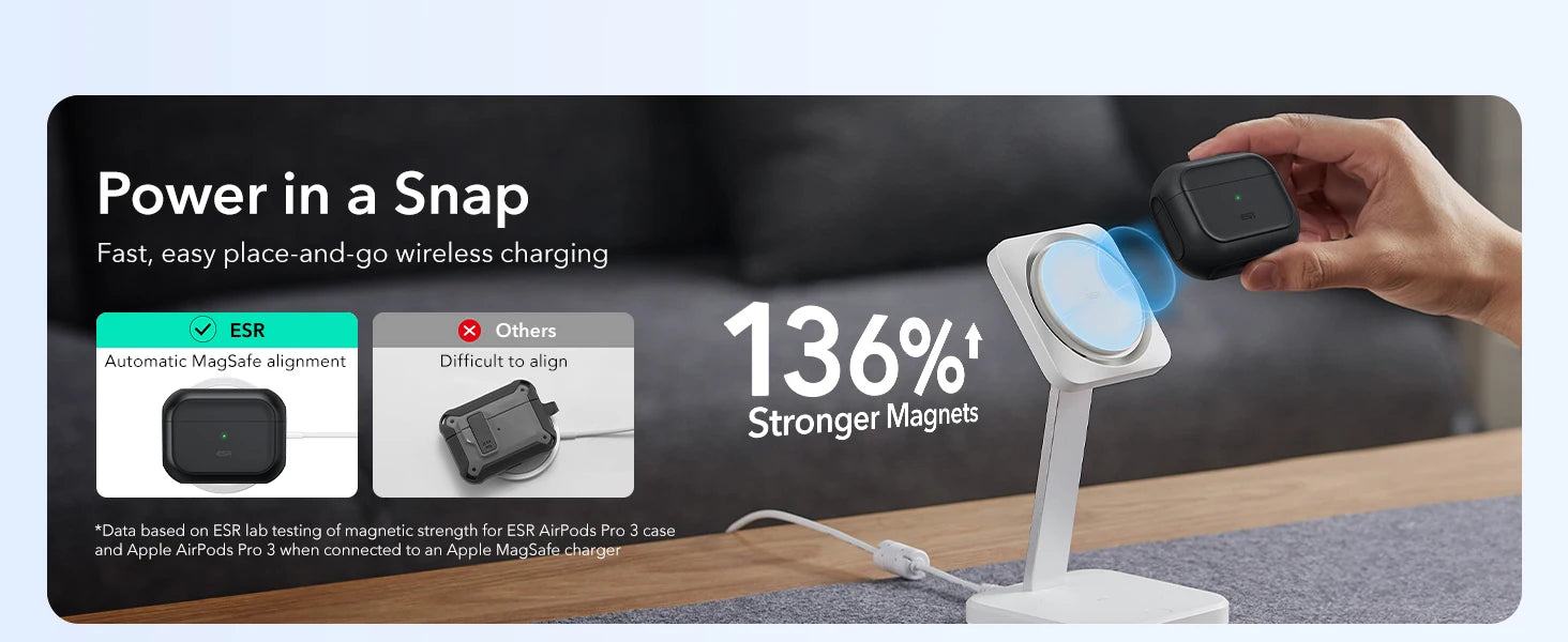 Black matte MagSafe case for AirPods Pro 3 showing magnetic wireless charging alignment.