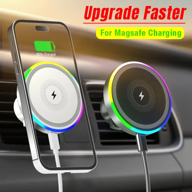 Magnetic car phone chargers with RGB light rings, shown in white and black, mounted on a vehicle air vent.