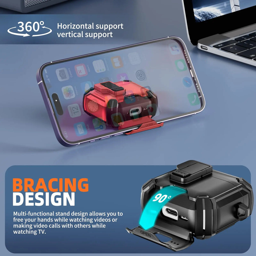 Rugged, protective AirPods case with built-in foldable kickstand. Available in black and red matte plastic finish.