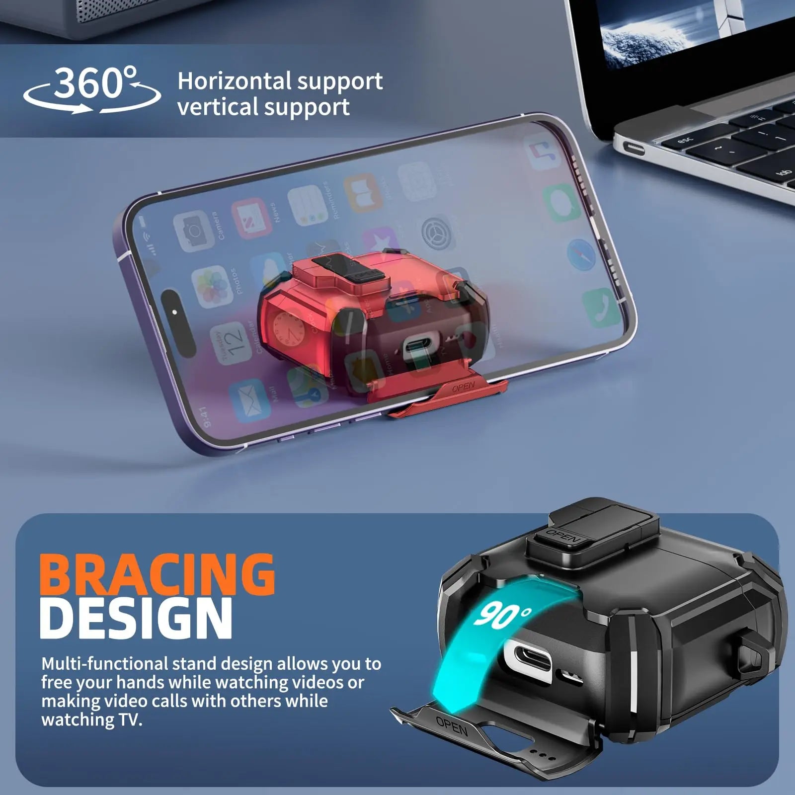 Rugged, protective AirPods case with built-in foldable kickstand. Available in black and red matte plastic finish.