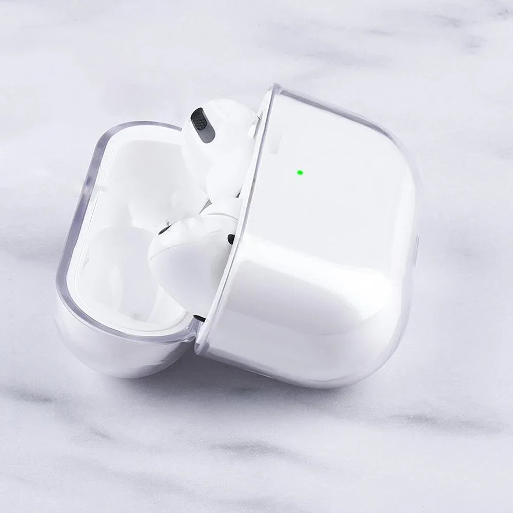 Clear protective case for Apple AirPods Pro on a white marble background.