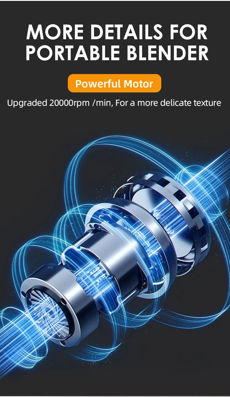 A metallic blender motor highlighted with glowing blue energy rings against a dark background.