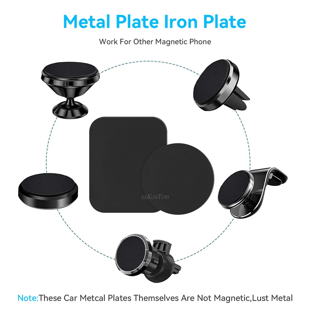 Black magnetic car phone mount accessories featuring round and rectangular metal plates, displayed on a white background.