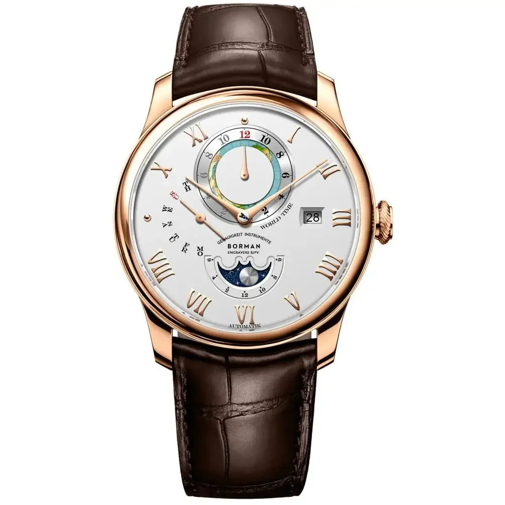 Rose gold mechanical watch with white dial, world time sub-dial, moon phase, and brown crocodile-effect leather strap.