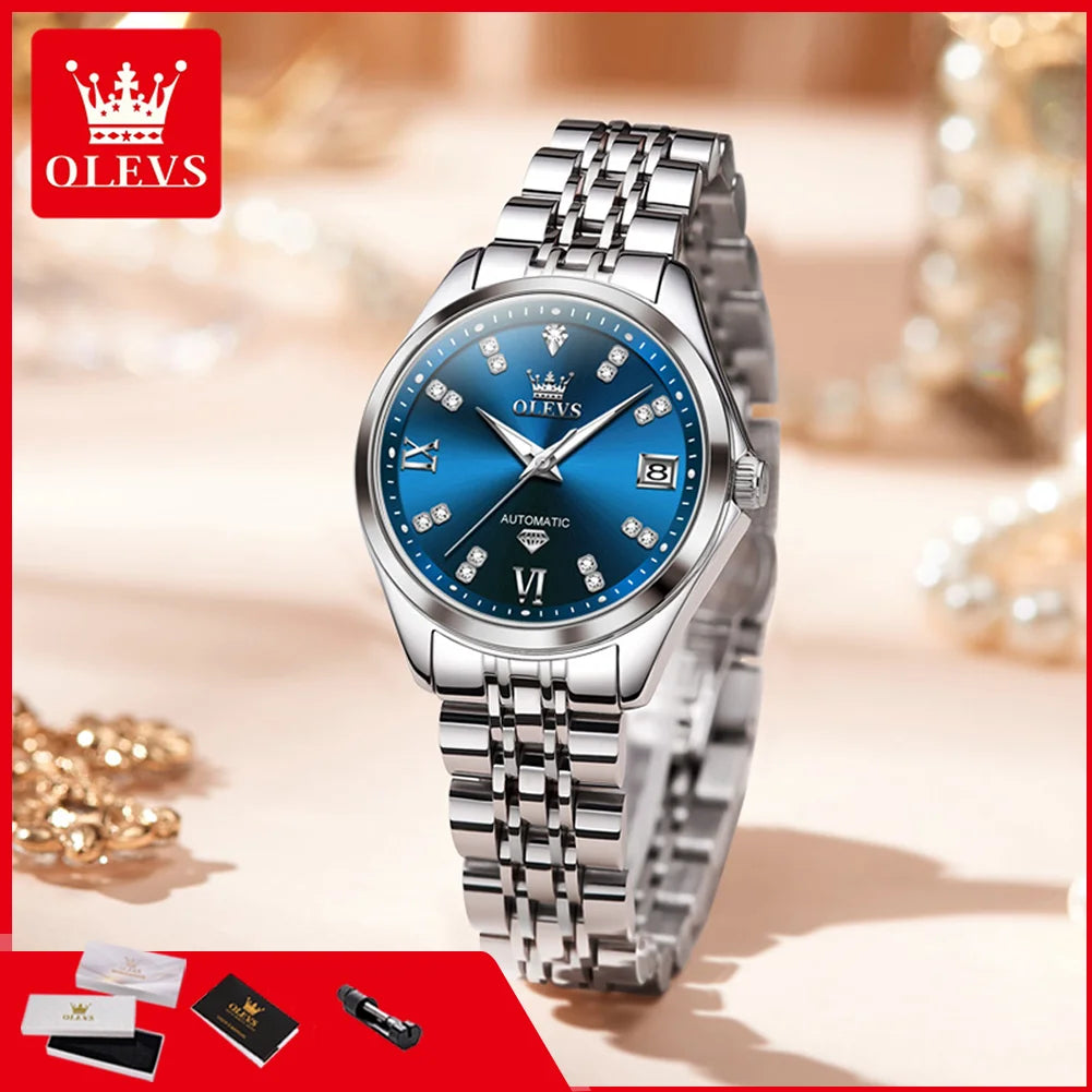 Elegant women's stainless steel mechanical watch with a blue sunray dial, diamond hour markers and a date window.
